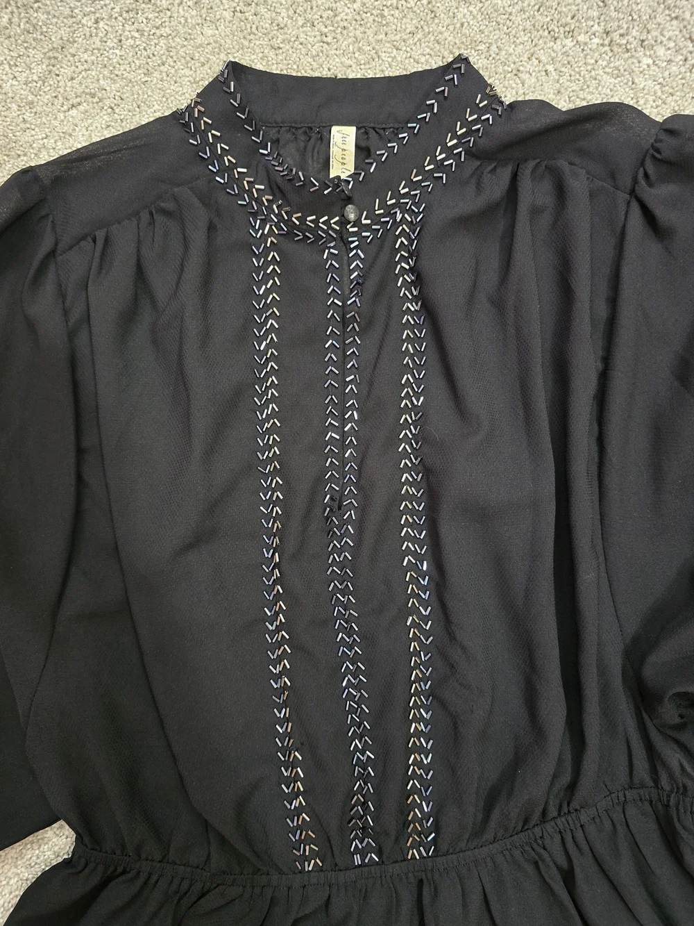 Free People Navy Blue Sheer Peplum Beaded Long-sleeve Blouse XS